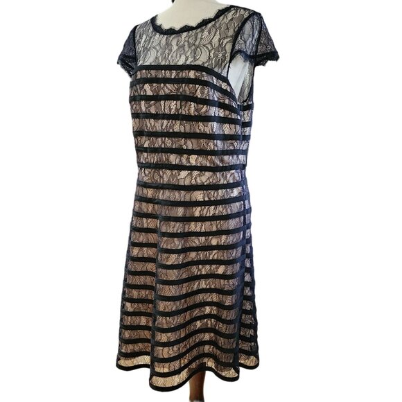 Adrianna Papell Lace Cocktail Midi Dress With Sheer Neck And Hem In Black Size L - Picture 12 of 14